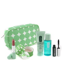 Clinique Travel Set: Eye Solvent 60ml+ Liquid Soap 50ml+ Face Powder+ Mascara+ Lipstick+ Bag--5pcs+1 - 6 items